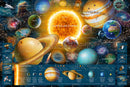A vibrant jigsaw puzzle titled 'Space Odyssey' by Ravensburger, illustrating a dazzling depiction of our solar system. The image showcases the Sun at the center, surrounded by planets like Saturn, Jupiter, and Mars, along with notable celestial features such as the Horsehead Nebula and the asteroid belt. This colorful design highlights a mix of planets, moons, and spacecraft, making it a visually engaging space-themed puzzle for enthusiasts of all ages.