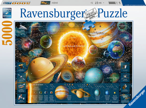 Ravensburger Space Odyssey jigsaw puzzle featuring a colorful depiction of our solar system with planets, moons, and notable celestial objects. The puzzle consists of 5000 pieces and showcases detailed illustrations including the Sun, Mars, Saturn, and various nebulae, making it a challenging and visually stunning project for puzzle enthusiasts.