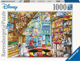 Disney & Pixar Toy Store jigsaw puzzle by Ravensburger featuring a colorful scene filled with beloved characters from various Disney and Pixar movies. The image shows a cozy toy store with shelves stacked with toys, a winding staircase, and nostalgic plush figures. This 1000-piece puzzle brings together characters like Woody, Buzz Lightyear, and many others, creating a vibrant and engaging puzzle experience for fans of all ages.