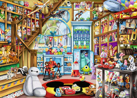 Colorful Disney & Pixar Toy Store jigsaw puzzle featuring an array of beloved characters like Woody, Buzz Lightyear, and the Incredibles. The vibrant scene showcases various toys, decorations, and displays on shelves and walls, creating a whimsical atmosphere reminiscent of childhood adventures.