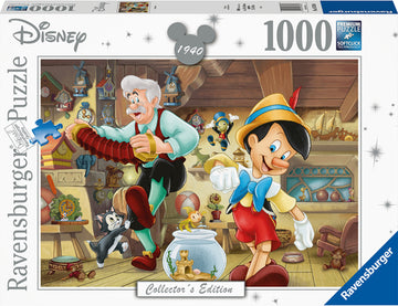 A colorful jigsaw puzzle featuring Disney's Pinocchio and Geppetto in a whimsical workshop. The scene captures Pinocchio with a joyful expression, while Geppetto plays an accordion. Surrounded by various toys and trinkets, this 1000-piece collector's edition puzzle showcases vibrant colors and delightful details that will engage puzzle enthusiasts of all ages.