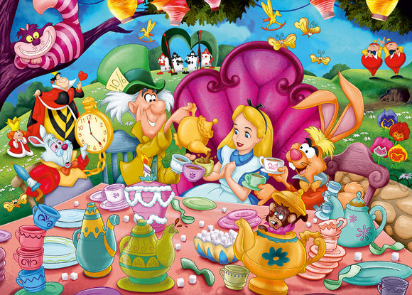 A colorful jigsaw puzzle featuring characters from Alice in Wonderland. Alice is sitting at a whimsical tea party with the Mad Hatter, the March Hare, and the Cheshire Cat. The scene is filled with vibrant teacups, teapots, and desserts set against a fantastical garden backdrop. Various characters are joyfully interacting, creating a delightful and whimsical atmosphere.