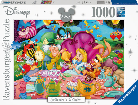 A colorful jigsaw puzzle featuring the characters from Disney's Alice in Wonderland, including Alice, the Mad Hatter, the Cheshire Cat, and the March Hare at a whimsical tea party. The puzzle is beautifully illustrated with vibrant colors and intricate details, showcasing a variety of tea sets and a fantastical garden background.