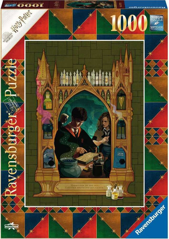 Harry Potter Collector's Edition jigsaw puzzle by Ravensburger, featuring a colorful illustration of Harry and Hermione in a potion class setting with various potion ingredients, vials, and a spellbook. This 1000-piece puzzle showcases intricate details and vibrant colors, perfect for fans and collectors.