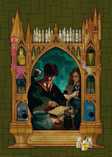 A detailed illustration for the Harry Potter Collector's Edition jigsaw puzzle, featuring iconic characters Harry Potter and Hermione Granger engaged in potion-making activities. The scene is framed within an ornate archway adorned with magical items, potions, and books, emphasizing the enchanting atmosphere of Hogwarts. The quote 'Good luck to you all! Let the brewing commence.' adds a whimsical touch to the artwork.