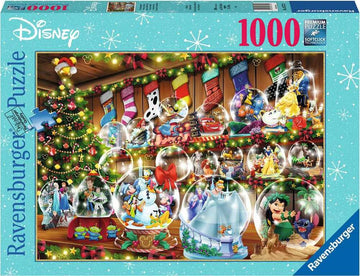 Disney Snow Globes Seasonal jigsaw puzzle featuring a colorful assortment of beloved Disney characters in snow globes, surrounded by festive decorations, a Christmas tree, stockings, and sparkling lights. The puzzle has 1000 pieces and showcases a vibrant holiday theme.