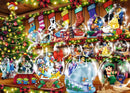 A vibrant Disney-themed jigsaw puzzle featuring a festive scene with a decorated Christmas tree surrounded by various iconic Disney characters inside snow globes. The image includes characters such as Mickey Mouse, Elsa from Frozen, and others in a colorful, holiday setting adorned with Christmas lights and stockings.