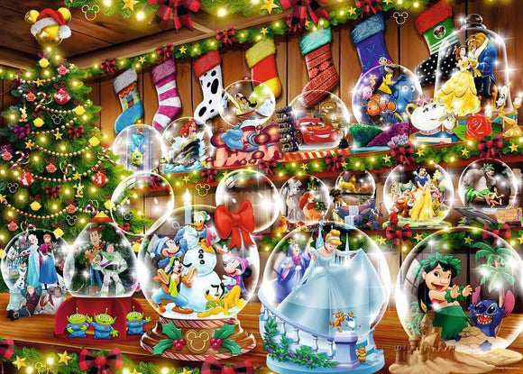 A vibrant Disney-themed jigsaw puzzle featuring a festive scene with a decorated Christmas tree surrounded by various iconic Disney characters inside snow globes. The image includes characters such as Mickey Mouse, Elsa from Frozen, and others in a colorful, holiday setting adorned with Christmas lights and stockings.