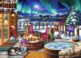 A colorful jigsaw puzzle titled 'Northern Lights' by Ravensburger, depicting a cozy winter cabin scene. It features an impressive view of the Northern Lights above snow-capped mountains, a glowing fire pit surrounded by wooden chairs, and a hot tub. Decorative elements include ski gear, warm clothes, and a husky sleeping peacefully, creating a serene atmosphere of winter leisure.