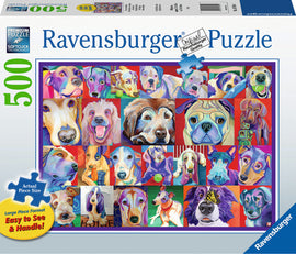 Ravensburger Hello Doggie 500-piece jigsaw puzzle featuring a vibrant collage of various dog portraits. Each section showcases distinct artistic styles, with colorful depictions of playful and affectionate dogs. The box indicates 'Actual Piece Size' and highlights the puzzle's large piece format that is easy to see and handle.