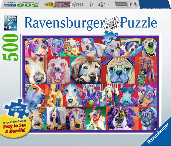 Ravensburger Hello Doggie 500-piece jigsaw puzzle featuring a vibrant collage of various dog portraits. Each section showcases distinct artistic styles, with colorful depictions of playful and affectionate dogs. The box indicates 'Actual Piece Size' and highlights the puzzle's large piece format that is easy to see and handle.