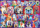 A vibrant jigsaw puzzle titled 'Hello Doggie' featuring a colorful collage of various dog portraits. Each illustration showcases different dog breeds in playful, colorful styles, set against a bright red background. This puzzle appeals to dog lovers and puzzle enthusiasts alike.