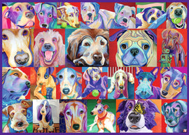 A vibrant jigsaw puzzle titled 'Hello Doggie' featuring a colorful collage of various dog portraits. Each illustration showcases different dog breeds in playful, colorful styles, set against a bright red background. This puzzle appeals to dog lovers and puzzle enthusiasts alike.
