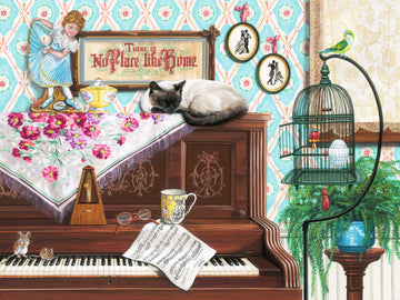 A colorful jigsaw puzzle scene featuring a sleepy Siamese cat on a floral tablecloth draped over a vintage piano. A wooden metronome, glasses, and a coffee mug rest nearby, along with sheet music. A decorative birdcage with small birds and an ornate porcelain teapot add charm to the setting, all against a backdrop of intricate wallpaper and framed silhouettes.