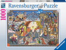 Ravensburger jigsaw puzzle featuring a colorful illustration of 'Romeo & Juliet'. The puzzle showcases scenes from the iconic play, with characters in Renaissance attire, ornate architecture, flowers, and vibrant colors. It contains 1000 pieces, designed for puzzle enthusiasts and fans of classic literature.