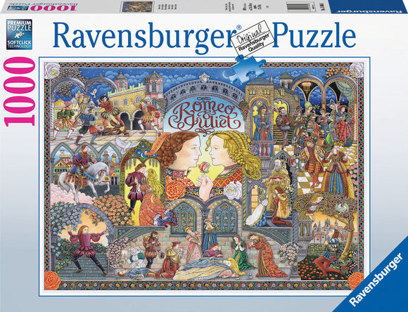 Ravensburger jigsaw puzzle featuring a colorful illustration of 'Romeo & Juliet'. The puzzle showcases scenes from the iconic play, with characters in Renaissance attire, ornate architecture, flowers, and vibrant colors. It contains 1000 pieces, designed for puzzle enthusiasts and fans of classic literature.