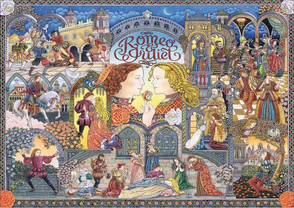 A vibrant jigsaw puzzle depicting scenes from 'Romeo and Juliet'. The artwork features detailed illustrations of the iconic characters and moments from the story, surrounded by ornate borders and rich colors that bring the classic tale to life.