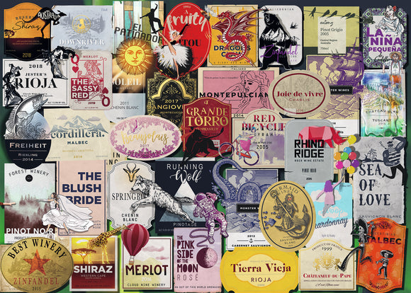 A vibrant jigsaw puzzle featuring 1000 unique wine labels, showcasing a variety of artistic designs and colors. Each label represents different wines from various regions, adding a fun and challenging touch to wine-themed puzzles. Perfect for wine lovers and puzzle enthusiasts alike.