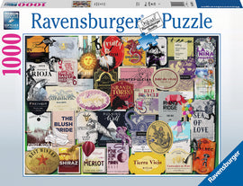 Ravensburger 1000 piece jigsaw puzzle featuring an array of colorful wine labels from various wineries, showcasing intricate designs and texts. The puzzle is designed to be engaging and visually appealing, perfect for wine lovers and enthusiasts of jigsaw puzzles alike.