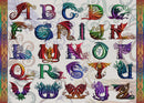 The Dragon Alphabet jigsaw puzzle features a colorful array of dragon-themed letters from A to Z, intricately designed with swirling patterns and vibrant colors, set against a textured background. Perfect for puzzle enthusiasts and dragon lovers alike, this 1000-piece puzzle provides a challenging and enjoyable experience.