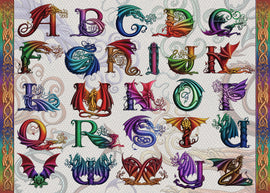 The Dragon Alphabet jigsaw puzzle features a colorful array of dragon-themed letters from A to Z, intricately designed with swirling patterns and vibrant colors, set against a textured background. Perfect for puzzle enthusiasts and dragon lovers alike, this 1000-piece puzzle provides a challenging and enjoyable experience.