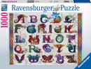Ravensburger Dragon Alphabet jigsaw puzzle featuring colorful, dragon-themed letters from A to Z on a patterned background. The puzzle consists of 1000 pieces, showcasing intricate designs and vibrant colors that appeal to puzzle enthusiasts and fantasy lovers alike.