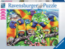 Ravensburger jigsaw puzzle titled 'Land of the Lorikeet' featuring vibrant, colorful illustrations of lorikeet birds among lush greenery, with iconic Australian landmarks and adorable wildlife in the background. The puzzle consists of 1000 pieces and embodies artistic qualities characteristic of Ravensburger's premium quality.