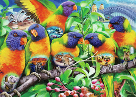 A vibrant jigsaw puzzle titled 'Land of the Lorikeet' by Ravensburger, featuring colorful lorikeets perched on branches surrounded by lush greenery. The scene includes iconic Australian elements like the Sydney Opera House and various native animals such as kangaroos and koalas illustrated within the birds.