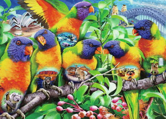 A vibrant jigsaw puzzle titled 'Land of the Lorikeet' by Ravensburger, featuring colorful lorikeets perched on branches surrounded by lush greenery. The scene includes iconic Australian elements like the Sydney Opera House and various native animals such as kangaroos and koalas illustrated within the birds.