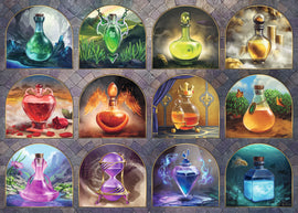 A vibrant jigsaw puzzle featuring various magical potions. The image showcases twelve intricately designed potions in colorful bottles, each adorned with unique elements like roses, wings, diamonds, and mystical colors, set against a stone background.
