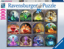 Ravensburger 1000-piece jigsaw puzzle featuring a collection of magical potions in various colorful glass bottles, each with unique shapes and vibrant contents. The puzzle displays potions like a red heart-shaped bottle, a green potion with a leaf, and a purple hourglass, all set against a decorative background resembling stone archways.