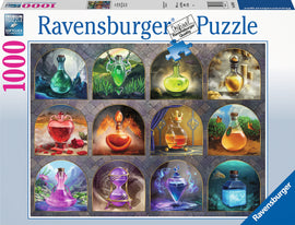 Ravensburger 1000-piece jigsaw puzzle featuring a collection of magical potions in various colorful glass bottles, each with unique shapes and vibrant contents. The puzzle displays potions like a red heart-shaped bottle, a green potion with a leaf, and a purple hourglass, all set against a decorative background resembling stone archways.