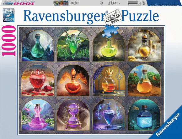 Ravensburger 1000-piece jigsaw puzzle featuring a collection of magical potions in various colorful glass bottles, each with unique shapes and vibrant contents. The puzzle displays potions like a red heart-shaped bottle, a green potion with a leaf, and a purple hourglass, all set against a decorative background resembling stone archways.