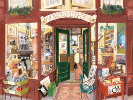 A colorful illustration of a quaint bookstore named 'Wordsmith's Bookshop' featuring a welcoming open door. The scene includes shelves filled with books, a cozy reading nook, decorative art, and plants. A black cat can be seen inside, adding to the warm atmosphere. The store showcases various book covers and framed pictures, creating a charming and inviting environment for book lovers.