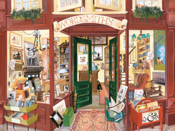 A colorful illustration of a quaint bookstore named 'Wordsmith's Bookshop' featuring a welcoming open door. The scene includes shelves filled with books, a cozy reading nook, decorative art, and plants. A black cat can be seen inside, adding to the warm atmosphere. The store showcases various book covers and framed pictures, creating a charming and inviting environment for book lovers.