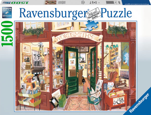 Cover of the Wordsmith's Bookshop jigsaw puzzle by Ravensburger, depicting a charming bookstore entrance filled with books, decorative items, and a black cat. The detailed illustration showcases various elements of a cozy bookshop, inviting puzzle enthusiasts to enjoy piecing it together. The box prominently displays the Ravensburger logo and puzzle piece, indicating quality and craftsmanship.