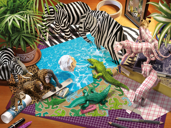 A vibrant jigsaw puzzle titled 'Origami Adventure' by Ravensburger, featuring whimsical paper animals including zebras, lions, and crocodiles. The scene is set on a colorful tabletop filled with tropical plants, patterned backgrounds, and playful props, inviting creativity and fun in assembly.