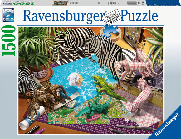The box cover of the 'Origami Adventure' jigsaw puzzle by Ravensburger features a vibrant and playful arrangement of various animals, including zebras, a lion, and a monkey. These creatures are set against a backdrop of colorful papers and a blue swimming pool, showcasing a whimsical and imaginative scene that hints at creativity and fun.