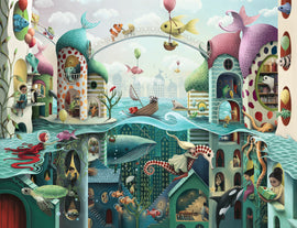 A whimsical illustration of an underwater city where fish walk like humans. Colorful buildings with unique architectural designs showcase various marine creatures engaging in daily activities. A girl in a red dress interacts with a fish as balloons float above. Turtles swim alongside seahorses, and other sea creatures peek out from windows, creating a vibrant, imaginative scene.