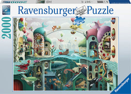 A colorful jigsaw puzzle titled 'If Fish Could Walk' by Ravensburger, featuring whimsical underwater scenes, playful fish, and imaginative buildings with various characters engaging in fun activities. The vibrant artwork includes elements like dolphins, sea turtles, and balloon-carrying fish set against a beautifully detailed background.