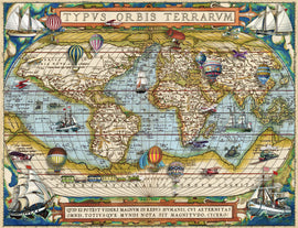 Ravensburger's Around the World jigsaw puzzle featuring a colorful vintage map of the world with sailboats, hot air balloons, and historical ships. Ideal for puzzle enthusiasts and globe-trotters alike, this detailed illustration captivates with its vibrant colors and intricate designs, inviting hours of engaging entertainment and education.