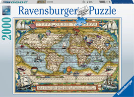 Ravensburger jigsaw puzzle titled 'Around the World' featuring a vintage-style map of the world adorned with colorful hot air balloons, sailing ships, and various other modes of transport. The puzzle contains 2000 pieces and showcases intricate artwork and historical details.