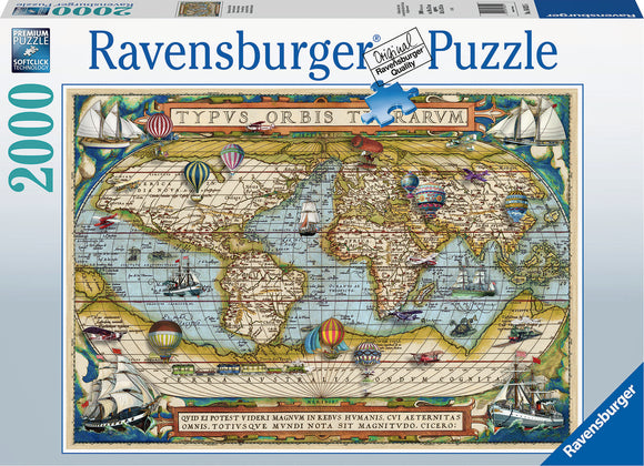 Ravensburger jigsaw puzzle titled 'Around the World' featuring a vintage-style map of the world adorned with colorful hot air balloons, sailing ships, and various other modes of transport. The puzzle contains 2000 pieces and showcases intricate artwork and historical details.