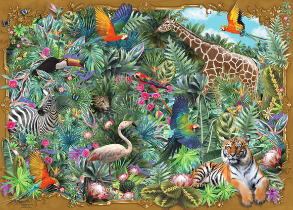 A vibrant jigsaw puzzle titled 'Exotic Escape' by Ravensburger, featuring a lush jungle scene filled with colorful wildlife including a giraffe, tiger, flamingo, zebra, and various birds among tropical plants and flowers.