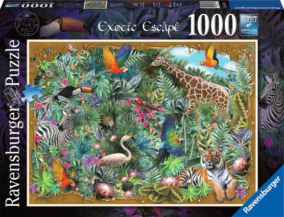 Ravensburger jigsaw puzzle titled 'Exotic Escape' featuring a lush, vibrant scene filled with tropical flora and fauna. The illustration includes a giraffe, a tiger, a zebra, a flamingo, and various colorful birds, all surrounded by rich greenery and flowers, set against a tropical backdrop. This 1000-piece puzzle promises hours of engaging entertainment with its intricate details.