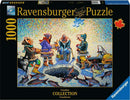 A Ravensburger jigsaw puzzle titled 'Ice Fishing', featuring a vibrant art depiction of fishermen engaged in ice fishing. The scene illustrates a frozen landscape, a large hole in the ice with multiple fish surrounding it, and characters dressed in winter attire working together. This 1000-piece puzzle offers a delightful challenge for puzzle enthusiasts and showcases the beauty of Canadian winter culture.