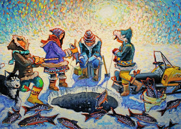 A vibrant jigsaw puzzle depicting a winter ice fishing scene with four individuals in warm clothing, surrounded by caught fish. The atmosphere is lively with a bright sun casting a colorful glow and a friendly dog nearby. The artwork showcases a traditional ice fishing setup, complete with equipment and an ice hole.