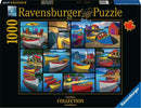 On the Water 1000 pc Puzzle by Ravensburger featuring colorful images of boats, cottages, and scenic waterways. The box showcases vibrant artwork that highlights various maritime themes, perfect for puzzle enthusiasts.