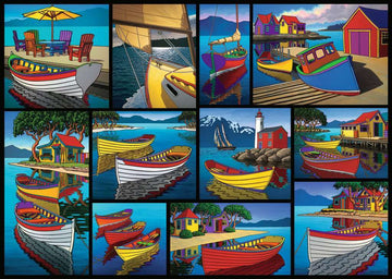 A vibrant 1000-piece jigsaw puzzle titled 'On the Water' by Ravensburger. The puzzle features colorful scenes of boats, a lighthouse, and serene landscapes of a coastal village set against mountains and a clear blue sky. Ideal for puzzle enthusiasts and art lovers.