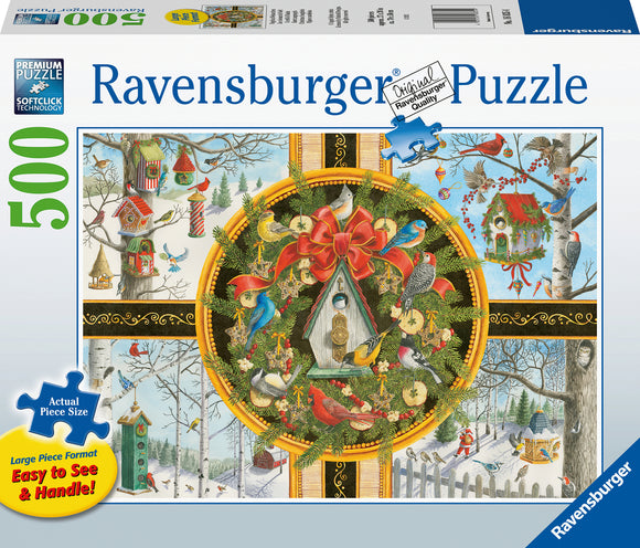 A Ravensburger jigsaw puzzle titled 'Christmas Songbirds' featuring a festive collage of colorful songbirds, birdhouses, and holiday decorations. The design includes a central birdhouse adorned with a large red bow, surrounded by greenery and playful birds in various winter scenes. This premium 500-piece puzzle is perfect for holiday enthusiasts and puzzle lovers alike.